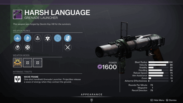 Destiny 2 Harsh Language (Legendary Grenade Launcher)