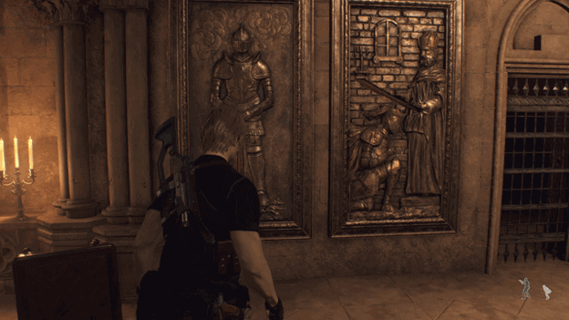 Leon sees the paintings of a Knight on the wall